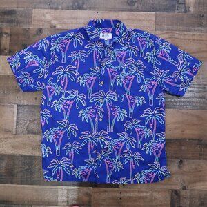 Uzzi Amphibious Gear Mens Medium Blue Hawaiian Shirt Neon Palm Trees